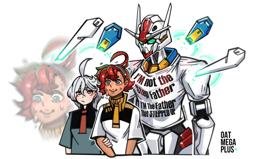 2girls absurdres black_hairband blue_eyes clothed_robot dark-skinned_female dark_skin english_text funnels_(gundam) green_eyes green_jacket grey_eyes grey_hair gundam gundam_aerial gundam_suisei_no_majo hair_behind_ear hair_between_eyes hairband highres holding_another's_arm jacket long_hair mecha meme_attire miorine_rembran mobile_suit multiple_girls oatmegaplus pout projected_inset red_hair robot science_fiction shirt short_hair suletta_mercury tearing_up v-fin white_background white_jacket white_shirt
