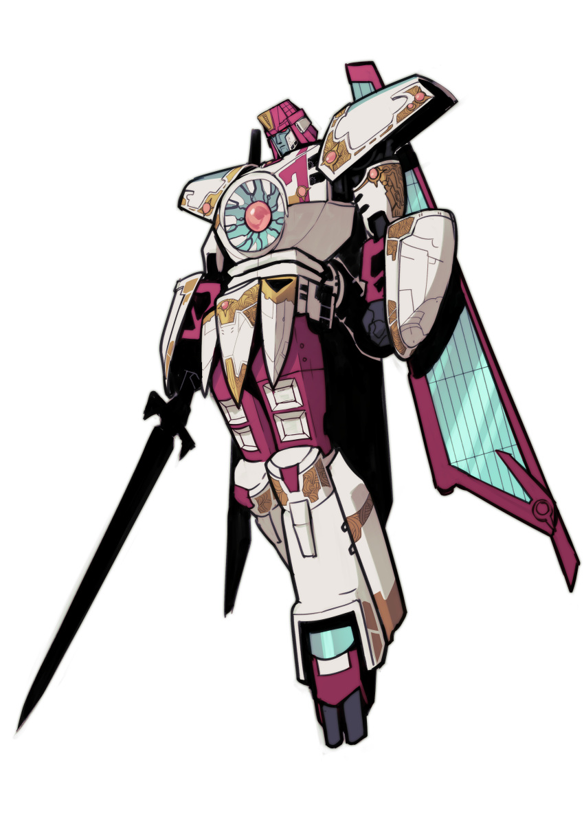 absurdres autobot clenched_hand floating highres holding holding_sword holding_weapon looking_down mecha mechanical_wings red_eyes robot science_fiction solo sword transformers transformers_cybertron vector_prime vetania weapon white_background wings