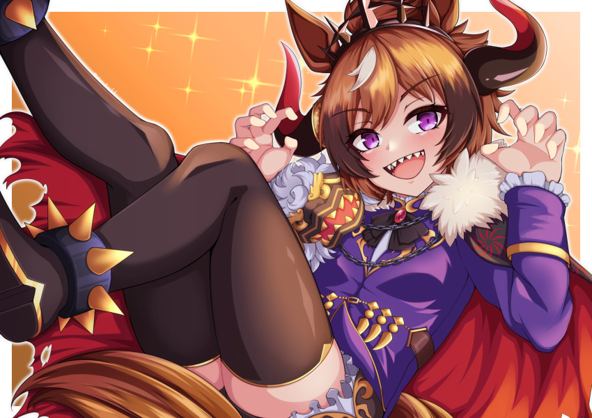 1girl animal_ears bangs black_bow black_footwear black_headwear black_shorts black_thighhighs bow brooch brown_hair cape chain claw_pose commentary_request days_in_a_flash_(umamusume) demon_horns frilled_sleeves frills fur-trimmed_cape fur_trim halloween horns horse_ears horse_girl horse_tail jacket jewelry kurarika leg_up long_sleeves looking_at_viewer multicolored_hair official_alternate_costume open_mouth partial_commentary purple_eyes purple_jacket red_cape sharp_teeth shinko_windy_(burst_out!_the_demon_king's_army_of_terror)_(umamusume) shinko_windy_(umamusume) shoes short_shorts shorts smile solo sparkle spiked_anklet tail teeth thighhighs tiara umamusume