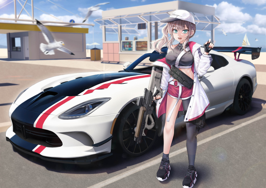 1girl ar-57_(girls'_frontline) assault_rifle bird boat breasts car dancing_wolf dodge dodge_viper girls'_frontline ground_vehicle gun hat highres motor_vehicle parking_lot rifle sailboat seagull solo spoiler_(automobile) sports_car vehicle_focus watercraft weapon