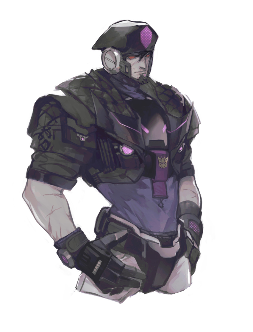 1boy absurdres beret black_gloves black_hair black_headwear black_jacket body_armor chinese_commentary cropped_legs decepticon gloves grey_pants hair_between_eyes hands_on_hips hat highres humanization jacket looking_at_viewer male_focus metal_gloves pants purple_shirt red_eyes shirt solid_eyes solo tarn the_transformers_(idw) transformers vetania white_background