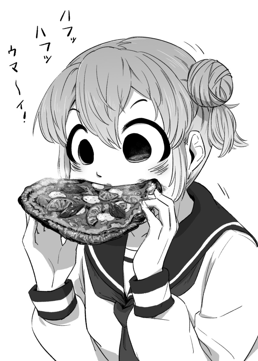 1girl 4shi bags_under_eyes commentary_request dango-chan_(4shi) eating food food_on_face greyscale hair_bun hands_up highres holding holding_food holding_pizza hollow_eyes long_sleeves monochrome neckerchief original pizza sailor_collar school_uniform serafuku shirt short_hair simple_background solo steam translation_request upper_body