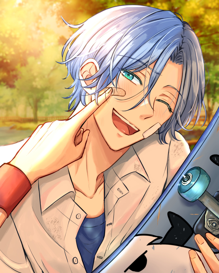 1boy ;d bandaid bandaid_on_face blue_eyes blue_hair blue_shirt blurry blurry_background dirty dirty_clothes happy hasegawa_langa highres light_blue_hair one_eye_closed outdoors shirt short_hair sk8_the_infinity skateboard smile tree upper_body white_shirt yoshii_alpha2