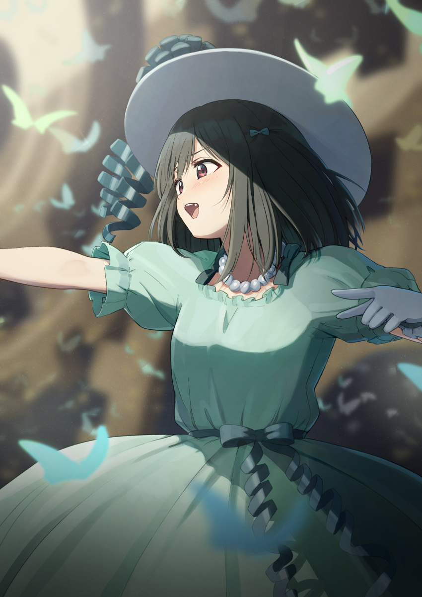 1girl absurdres black_hair blush cowboy_shot dancing determined dress emotion_(love_live!) fang from_side gloves green_dress hat highres jewelry love_live! love_live!_nijigasaki_high_school_idol_club maid_headdress mifune_shioriko necklace pearl_necklace puffy_dress puffy_short_sleeves puffy_sleeves red_eyes ribbon short_sleeves solo tata_(tataice) white_gloves