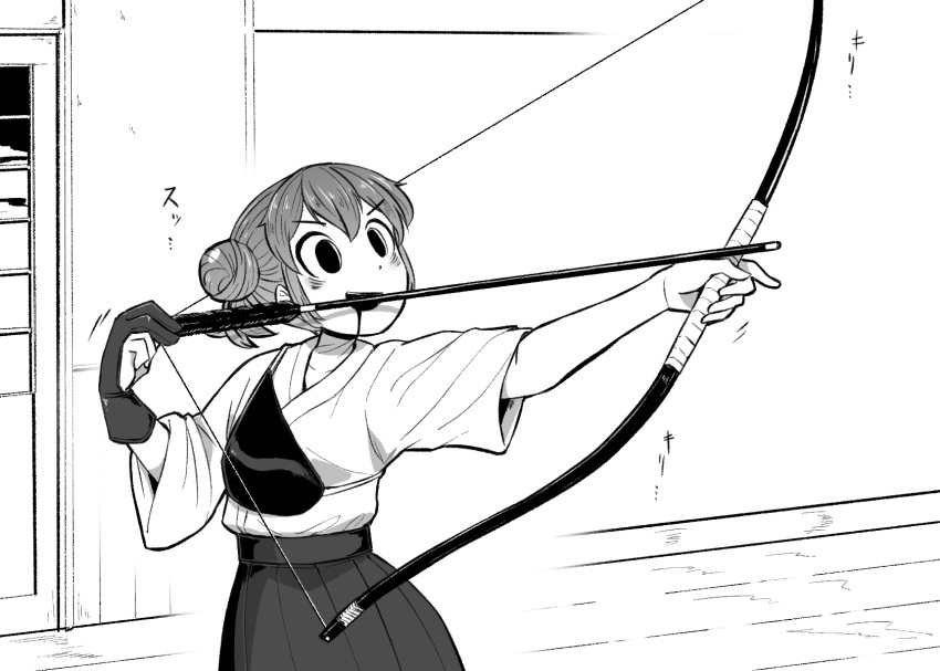 1girl 4shi :d archery arrow_(projectile) bags_under_eyes bow_(weapon) commentary_request cowboy_shot dango-chan_(4shi) drawing_bow drooling gloves greyscale hair_bun hakama hakama_skirt hands_up highres holding holding_bow_(weapon) holding_weapon hollow_eyes japanese_clothes kyuudou monochrome muneate open_mouth original outstretched_arm partially_fingerless_gloves pleated_skirt short_hair single_glove skirt smile solo sound_effects standing translation_request v-shaped_eyebrows weapon yugake