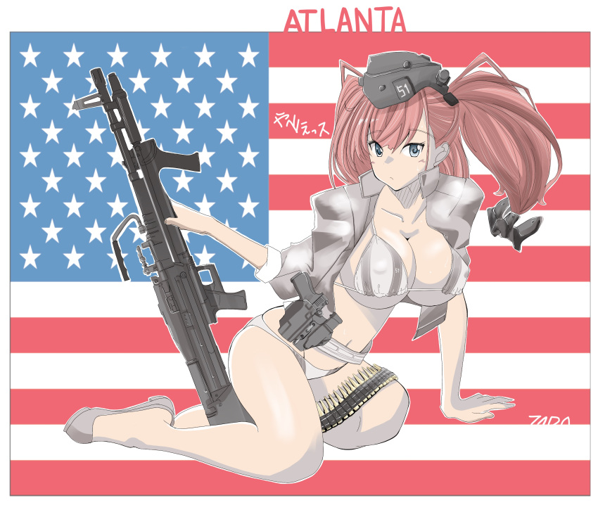 1girl absurdres american_flag ammunition_belt anchor_hair_ornament artist_name atlanta_(kancolle) breasts character_name cleavage closed_mouth garrison_cap grey_eyes grey_footwear gun hair_ornament handgun hat highres holster holstered_weapon kantai_collection large_breasts light_machine_gun looking_at_viewer m60 machine_gun midriff navel on_ground red_hair solo tada two-sided_fabric weapon