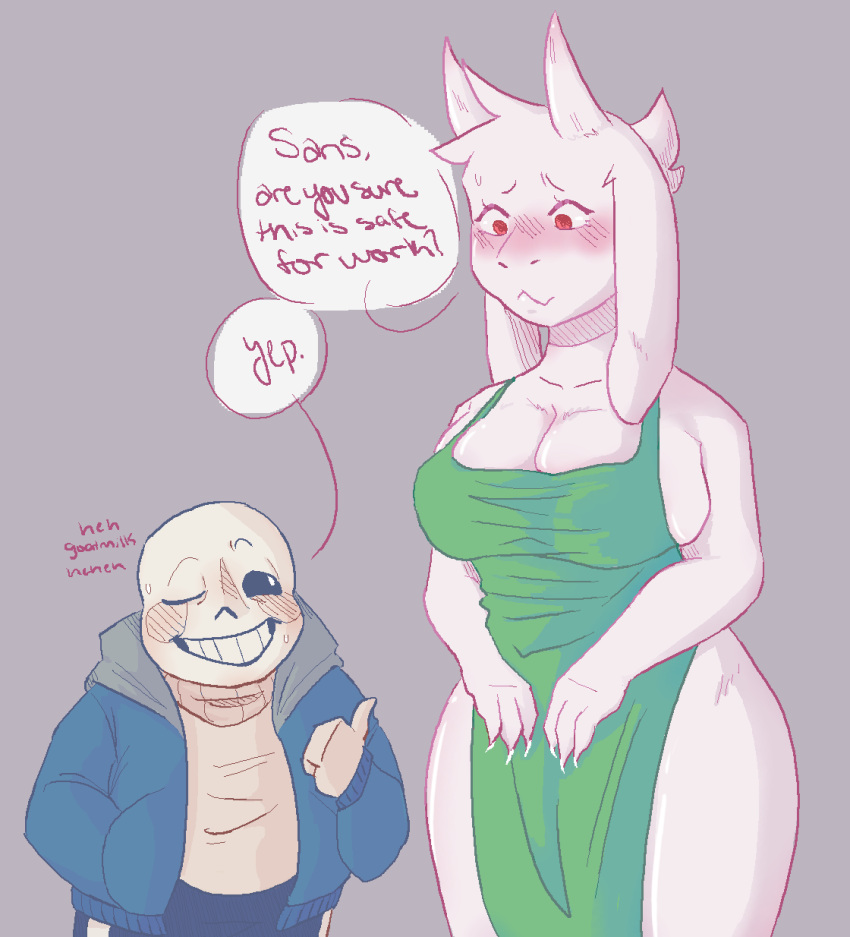 anthro barista bone bovid breasts caprine cleavage cleavage_overflow clothed clothing duo embarrassed female goat hi_res humanoid male male/female mammal nsfwbunniii one_eye_closed sans_(undertale) skeleton speech_bubble toriel undertale_(series) wink