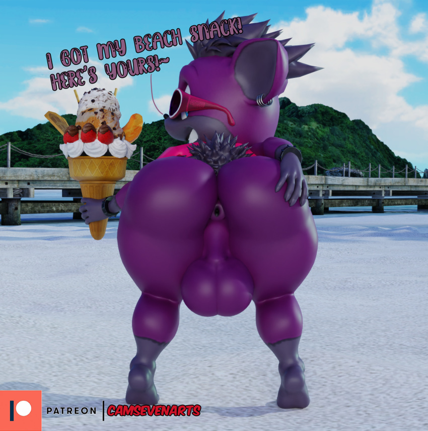 3d_(artwork) anthro anus backsack balls beach bent_over big_butt bottomless butt camseven clothed clothing dark_gaia dessert digital_media_(artwork) ear_piercing ear_ring english_text eyewear food fur genitals girly grey_hair hair hand_on_butt hi_res ice_cream looking_at_viewer looking_back male mammal notched_ear perineum piercing presenting presenting_anus presenting_hindquarters public purple_body purple_fur ring_piercing seaside sega smile solo sonic_the_hedgehog_(series) sonic_unleashed sunglasses teapot_(body_type) text thick_thighs unknown_species watermark wide_hips wings