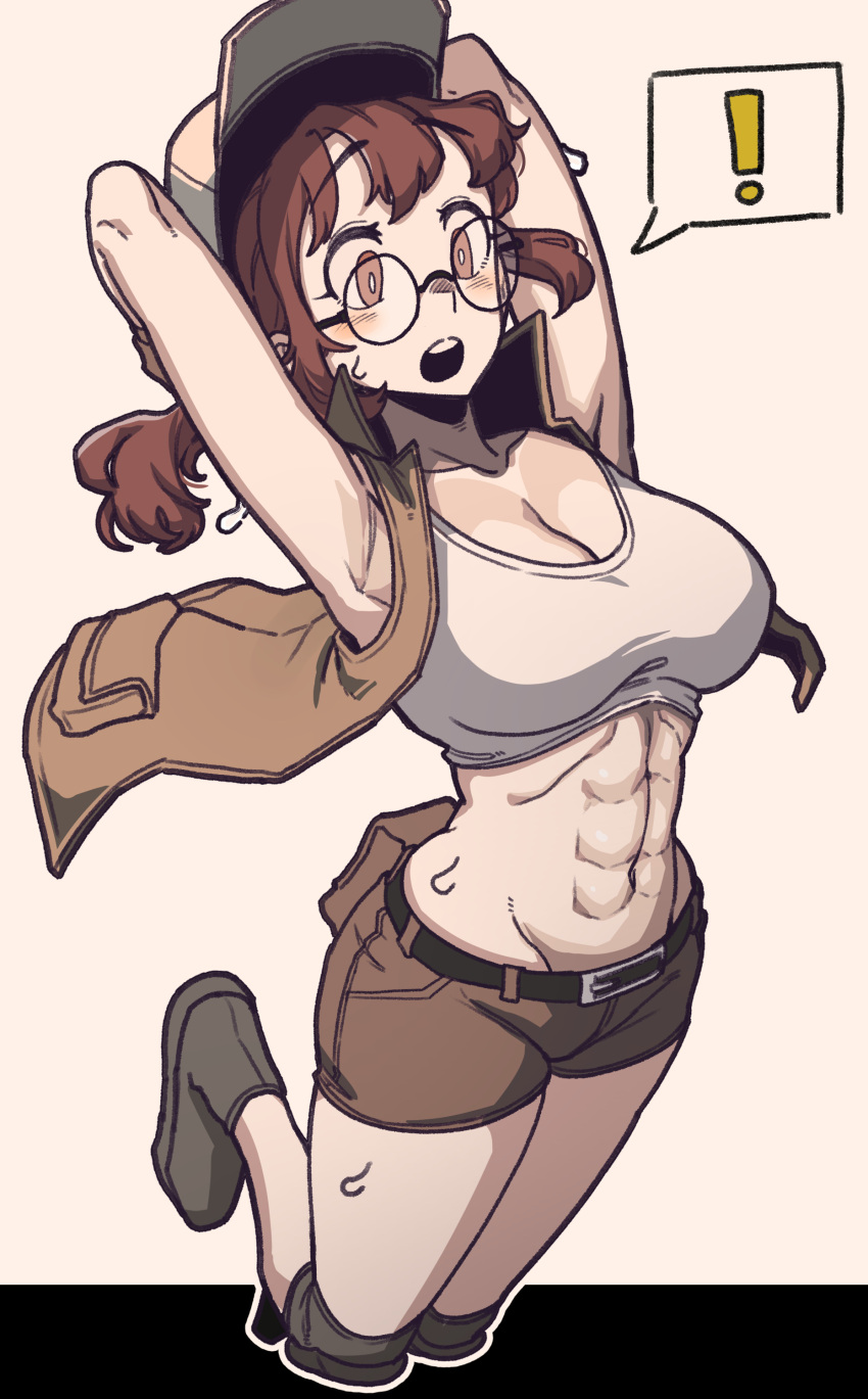 ! 1girl abs absurdres armpits arms_behind_head arms_up bangs baseball_cap belt belt_buckle belt_pouch black_belt black_footwear breasts brown_eyes brown_hair brown_shorts buckle cleavage crop_top fio_germi glasses hat highres knee_pads large_breasts masgamjya metal_slug midriff navel open_clothes open_mouth open_vest pouch round_eyewear shirt short_shorts shorts sleeveless sleeveless_shirt solo spoken_exclamation_mark sweatdrop toned vest white_shirt