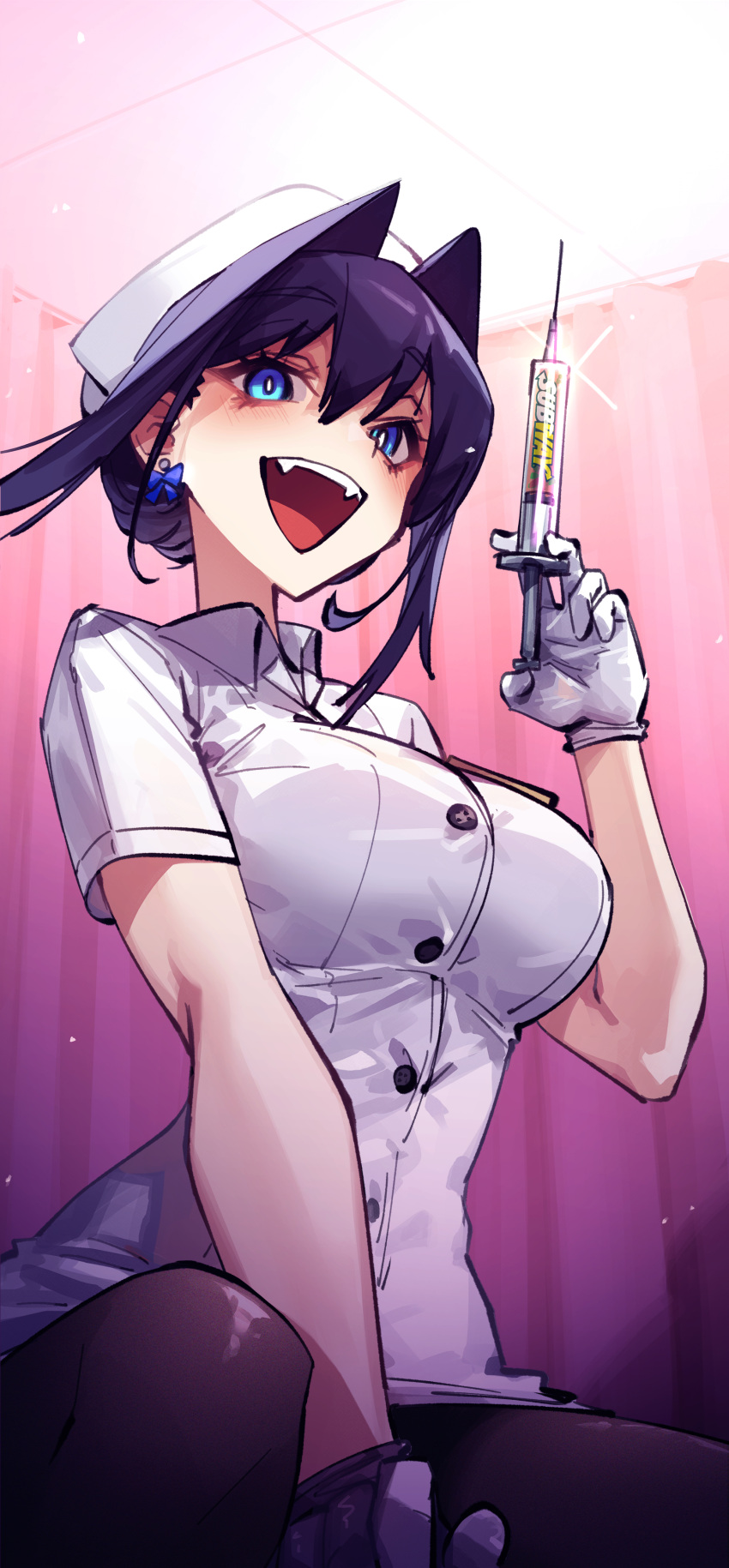 1girl absurdres adarin blue_eyes blue_hair breasts earrings gloves hat highres hololive hololive_english jewelry large_breasts needle nurse nurse_cap open_mouth ouro_kronii sharp_teeth short_hair solo subway_(company) teeth upper_teeth virtual_youtuber white_gloves