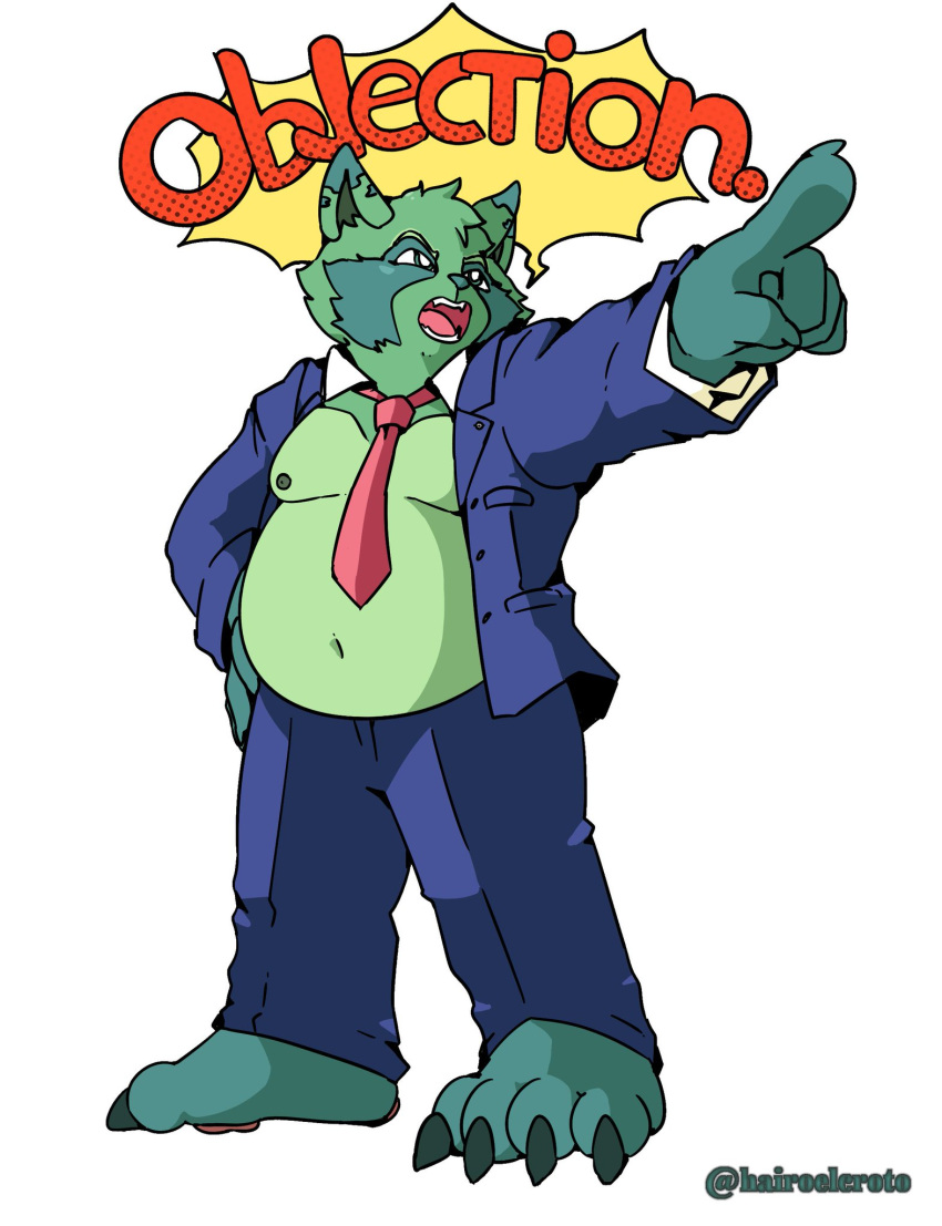 4_toes 5_fingers anthro bottomwear claws clothing dialogue english_text feet fingers fred_(fredrick_brennan) fur gesture green_body green_fur hairoelcroto hi_res male mammal navel necktie nipples open_mouth overweight overweight_anthro overweight_male pants pointing procyonid raccoon solo suit text toe_claws toes