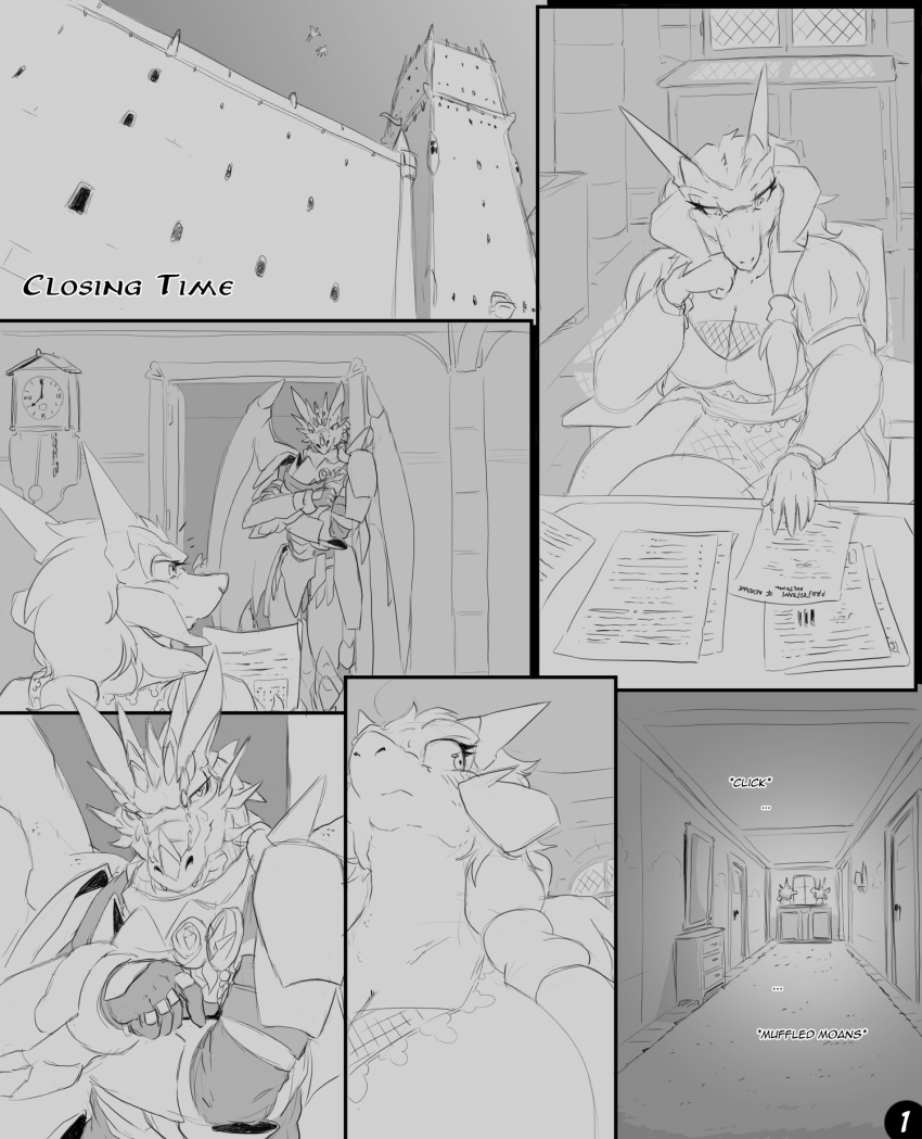 2022 anthro armor blush breasts castle clothed clothing comic crossed_arms dragon duo female giles_(zerofox1000) hair head_spikes hi_res horn inside koriah male male/female monochrome offscreen_sex onomatopoeia paper reptile scalie sitting sound_effects spikes spikes_(anatomy) text western_dragon wings zerofox1000
