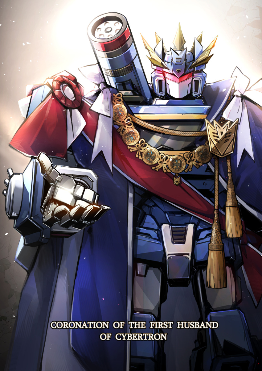 absurdres assault_visor blue_cape bow cape chinese_commentary crown daier english_commentary highres looking_at_viewer mecha mixed-language_commentary open_hand red_sash robot sash science_fiction soundwave_(transformers) straight-on transformers white_bow