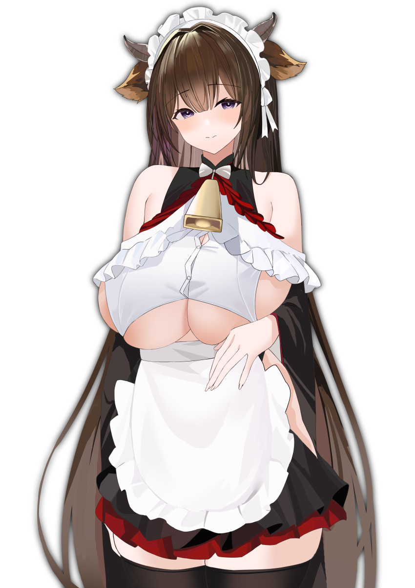 1girl absurdres animal_ears azur_lane bangs bell blush breasts brown_hair cow_ears cow_girl cow_horns cow_tail cowbell highres horns huge_breasts kashino_(azur_lane) kashino_(maid_for_mayhem)_(azur_lane) long_hair looking_at_viewer maid maid_headdress official_alternate_costume purple_eyes skirt solo tail thighhighs thighs tnr_(horiko1525) white_background zettai_ryouiki