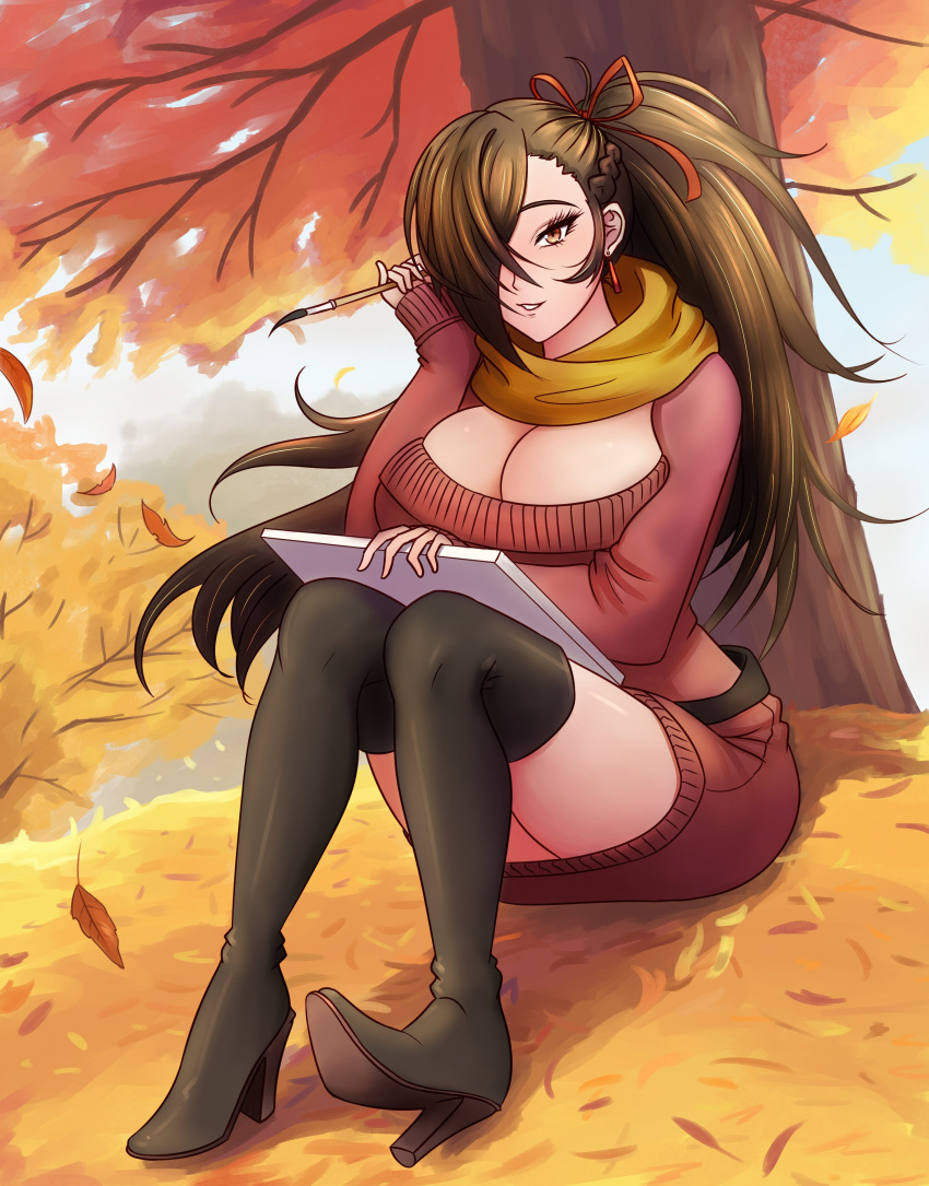 1girl absurdres alternate_costume autumn autumn_leaves black_footwear boots braid breasts brown_hair cleavage dress fire_emblem fire_emblem_fates hair_over_one_eye hair_tie high_heel_boots high_heels highres holding holding_sketchbook huge_breasts kagero_(fire_emblem) knees_up leaf_pile long_hair looking_at_viewer paintbrush parted_lips ponytail red_ribbon ribbon scarf single_braid sitting sketchbook smile solo sweater sweater_dress thigh_boots thighs tree very_long_hair will_(willanator93) yellow_scarf