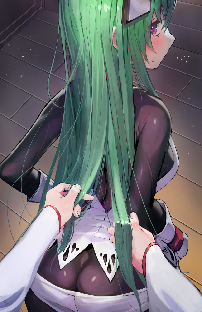 1girl arms_at_sides ass blush bodysuit breasts butt_crack closed_mouth from_above from_behind green_hair hair_between_eyes headgear highres holding holding_hair impossible_bodysuit impossible_clothes jitome long_hair looking_at_viewer looking_back medium_breasts menou_kaname original pov pov_hands profile purple_eyes robot_ears skin_tight taishi_(picchiridou) wooden_floor