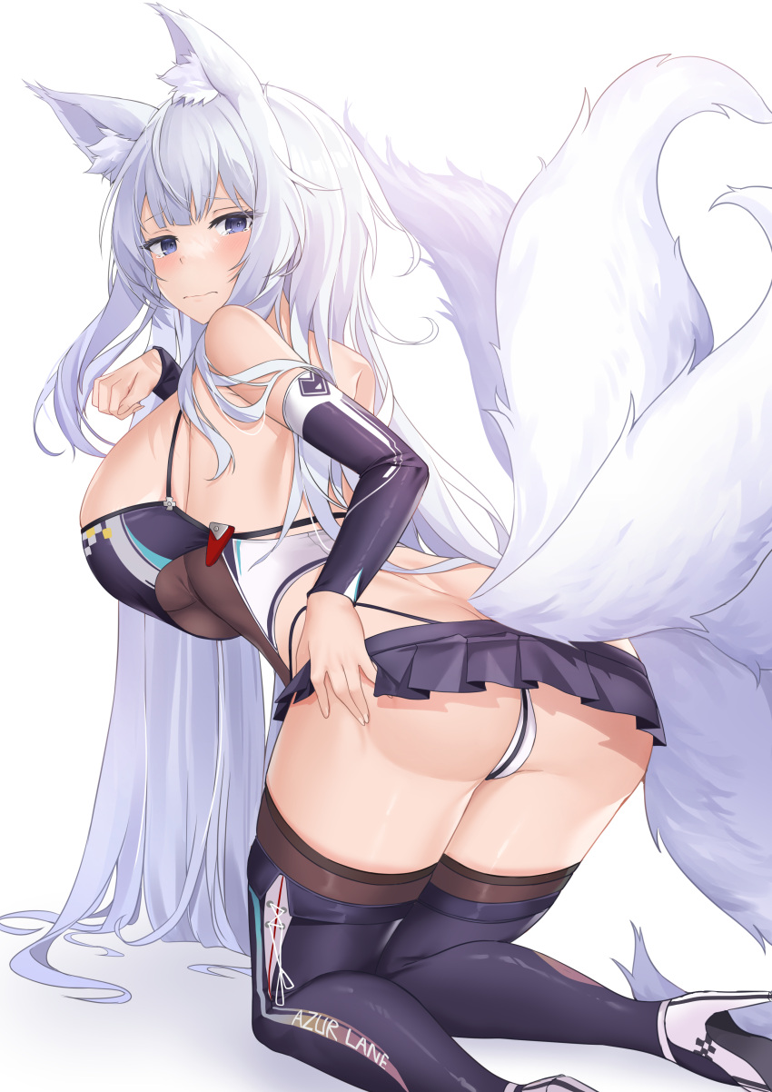 1girl absurdres animal_ears ass azur_lane back bare_shoulders blue_eyes boots breasts cleavage closed_mouth deogho_(liujinzy9854) detached_sleeves fox_ears fox_girl fox_tail from_behind frown high_heel_boots high_heels highres kneeling large_breasts leaning_forward light_blush long_hair looking_at_viewer looking_back microskirt multiple_tails panties race_queen shinano_(azur_lane) sideboob simple_background skirt solo tail thigh_boots underboob underwear very_long_hair white_background white_hair