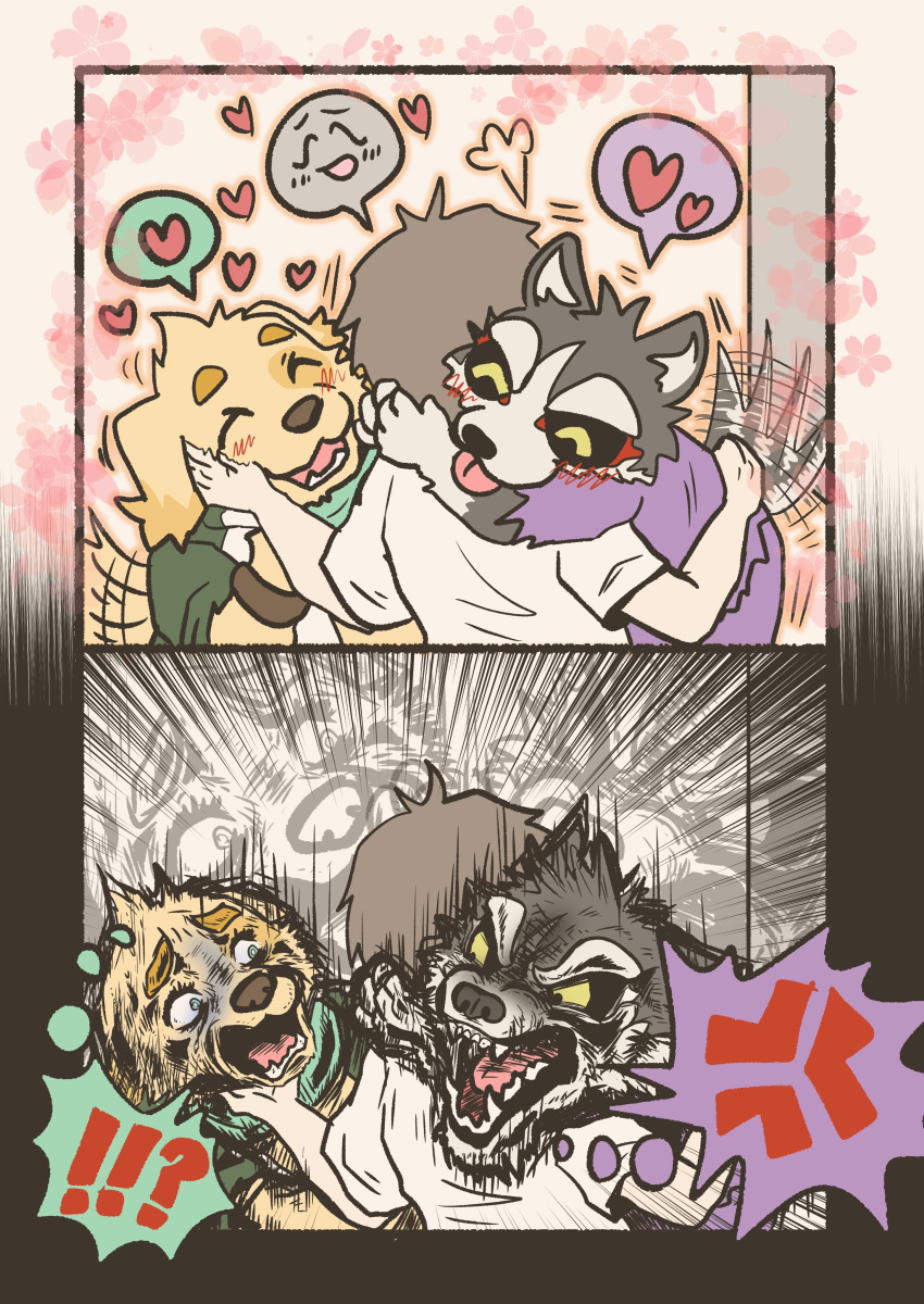 &lt;3 absurd_res angry anthro blep blush canid canine canis clothed clothing comic cu_sith_(tas) domestic_dog eyes_closed fangs fujifuji_w garmr group hi_res humanoid_hands jealous kemono lifewonders male mammal open_mouth scared scarf scary_face shocked snarling tail_motion tailwag tokyo_afterschool_summoners tongue tongue_out trio twink_protagonist_(tas) video_games