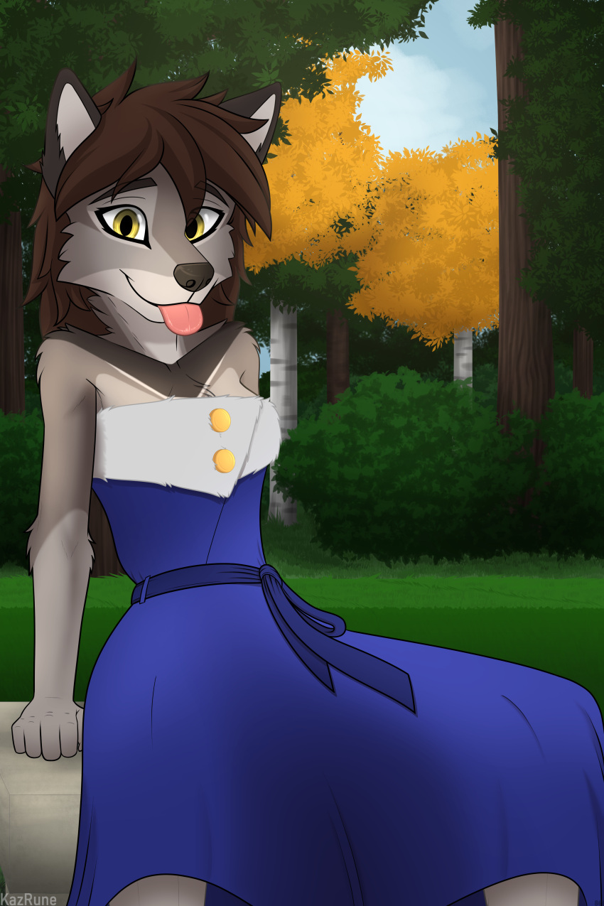 absurd_res alyce_(kazrune) anthro belt blue_clothing blue_dress canid canine canis clothing dress female fingers forest fur gold_(metal) grass grey_body hi_res kazrune leaning leaning_back leaning_on_object looking_at_viewer mammal outside plant public sitting smile solo spread_legs spreading tongue tongue_out tree wolf yellow_eyes