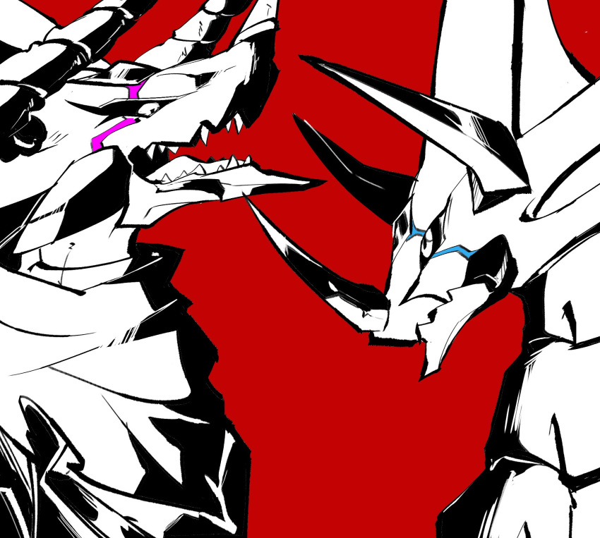 anthro bandai_namco black_sclera canoweissmon digimon digimon_ghost_game dragon duo evolutionary_family hi_res horn im7yx male red_background regulusmon sharp_teeth simple_background teeth