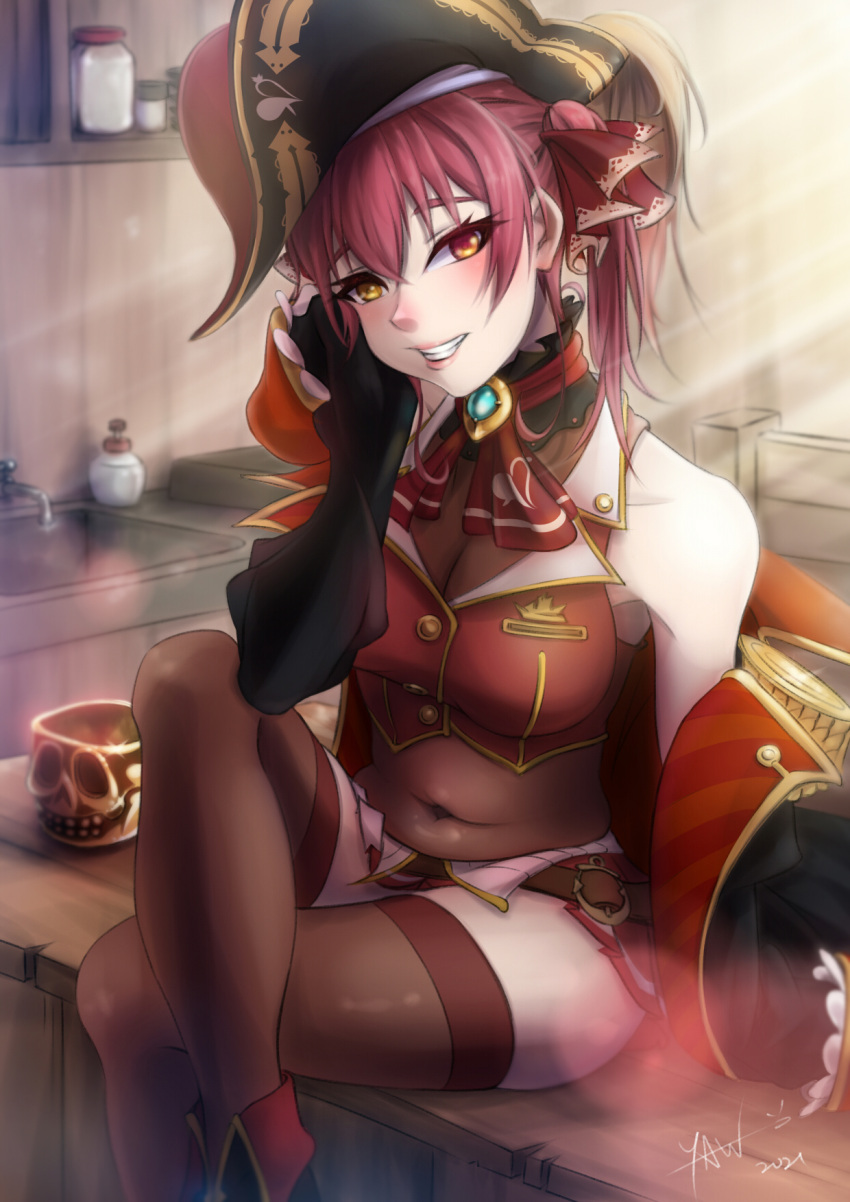 1girl arrow_through_heart ascot bare_shoulders bicorne blush boots breasts brown_hair cleavage covered_navel crossed_legs faucet gold_trim hat head_rest heterochromia highres hololive houshou_marine jar lapels leotard leotard_under_clothes looking_at_viewer navel notched_lapels off_shoulder panko_(chan8191) pirate_hat red_ascot red_eyes red_hair see-through see-through_leotard signature sink sitting skirt sleeveless sleeveless_jacket smile solo thighhighs thighs virtual_youtuber yellow_eyes