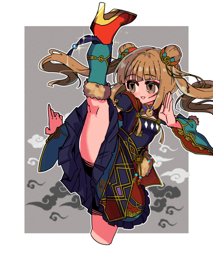 1girl absurdres aqua_sleeves aqua_socks bangs breasts brown_eyes detached_sleeves dot_nose double_bun dress eyeliner flexible floating_hair fur-trimmed_legwear fur_trim hair_bun high_heels highres idolmaster idolmaster_cinderella_girls kneehighs kneepits leg_up light_brown_hair long_hair makeup outline purple_dress red_eyeliner red_footwear sasaki_rindou small_breasts smile socks solo sparkle tassel twintails white_outline wide_sleeves yorita_yoshino