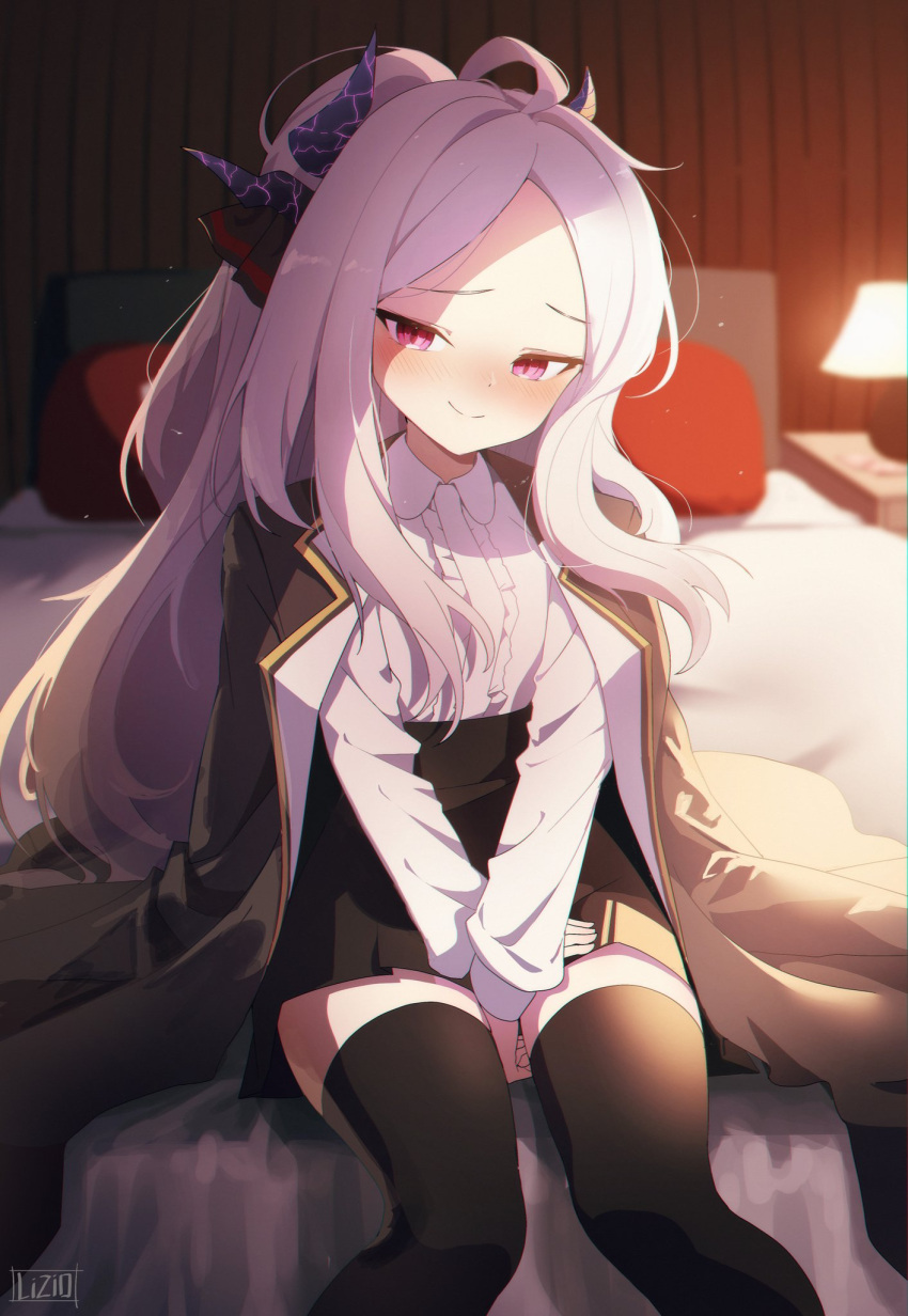 1girl bed black_thighhighs blue_archive blush demon_horns eye_contact high-waist_skirt highres hina_(blue_archive) horns liyom long_hair looking_at_another purple_eyes skirt thighhighs white_hair zettai_ryouiki