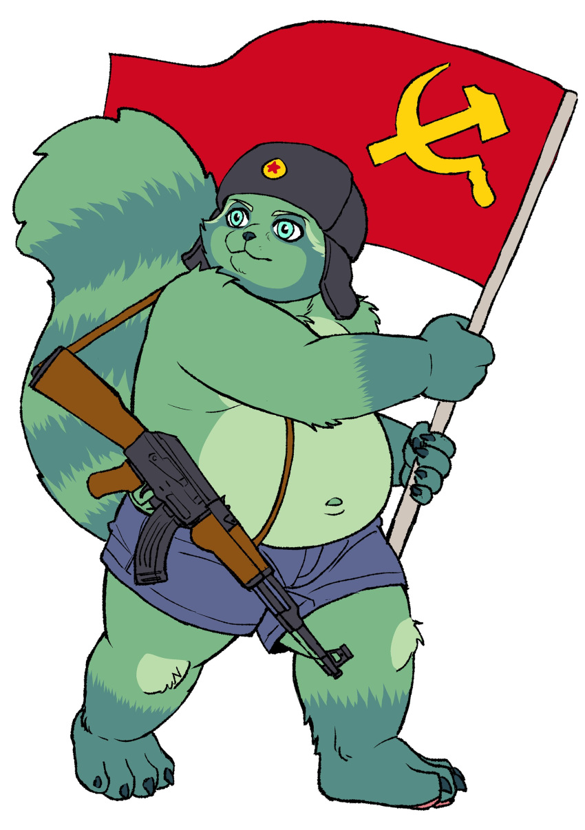 4_toes 5_fingers absurd_res ak-47 anthro assault_rifle bottomwear claws clothed clothing feet fingers flag fred_(fredrick_brennan) fur green_body green_fur gun hat headgear headwear hi_res holding_flag holding_object male mammal navel procyonid raccoon ranged_weapon rifle russian shorts solo soviet_union toe_claws toes unknown_artist ushanka weapon