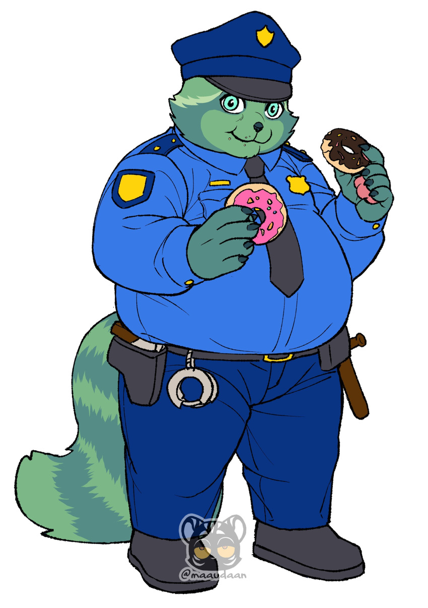 5_fingers absurd_res anthro baton belt chewing claws clothed clothing cuff_(restraint) dessert digital_media_(artwork) doughnut eating fingers food fred_(fredrick_brennan) fur green_body green_fur gun handcuffs handgun hi_res holster looking_at_viewer maaudaan_tg male mammal metal_cuffs necktie overweight overweight_anthro overweight_male pistol police_badge police_hat police_officer police_uniform procyonid raccoon ranged_weapon restraints solo standing uniform watermark weapon