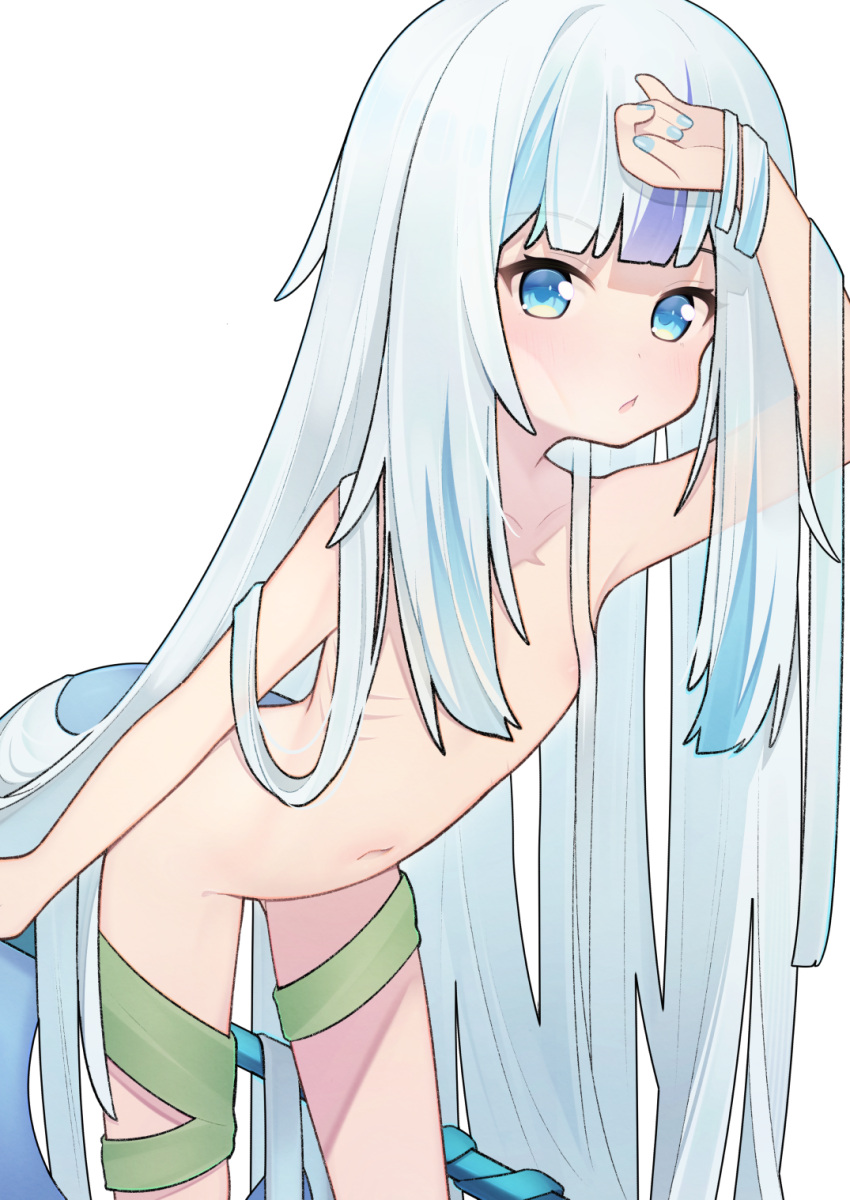 1girl alternate_hair_length alternate_hairstyle bangs blue_eyes blue_hair blunt_bangs breasts cp2980606 fish_tail gawr_gura gills grey_hair highres hololive hololive_english long_hair looking_at_viewer multicolored_hair navel nude polearm shark_girl shark_tail small_breasts solo streaked_hair tail trident very_long_hair virtual_youtuber weapon white_hair