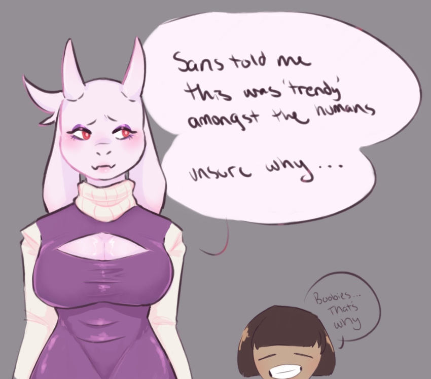 ambiguous_gender anthro bovid caprine cleavage_cutout clothing duo female frisk_(undertale) goat human makeup mammal nsfwbunniii smile speech_bubble sweater topwear toriel turtleneck undertale undertale_(series) video_games