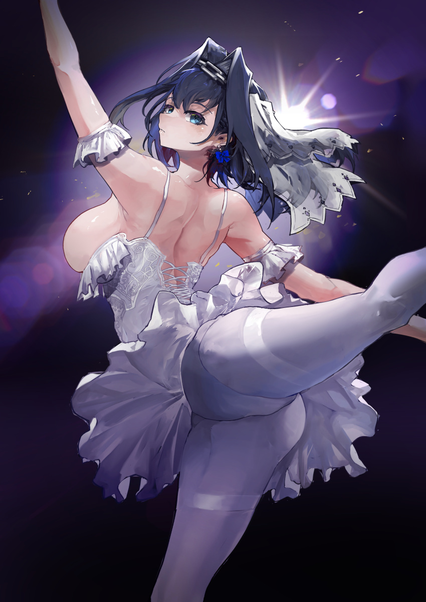 1girl absurdres ballerina ballet bangs blue_eyes blue_hair bow bow_earrings breasts dress earrings gloves hair_intakes hair_ornament highres hololive hololive_english jewelry lights ouro_kronii pantyhose short_hair solo standing tutu virtual_youtuber vyragami