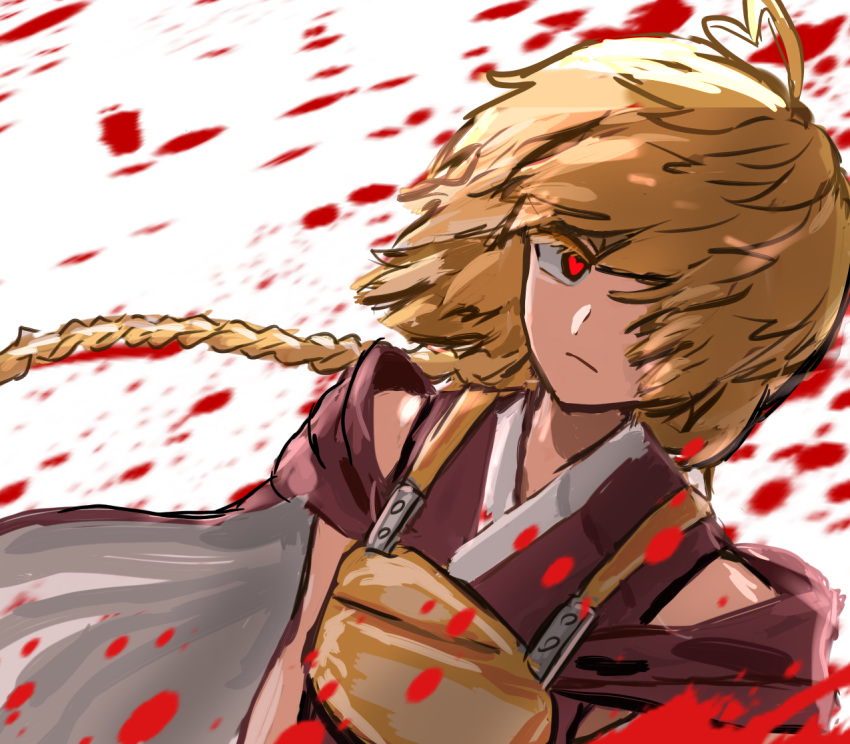 1other ahoge androgynous armor blonde_hair blood blood_spray braid breastplate closed_mouth colored_eyelashes commentary_request frown heart heart_ahoge hemo_(hemoroda) japanese_clothes kimono len'en long_hair ooama_no_ake_no_mitori red_eyes red_kimono simple_background sleeveless sleeveless_kimono solo twin_braids white_background