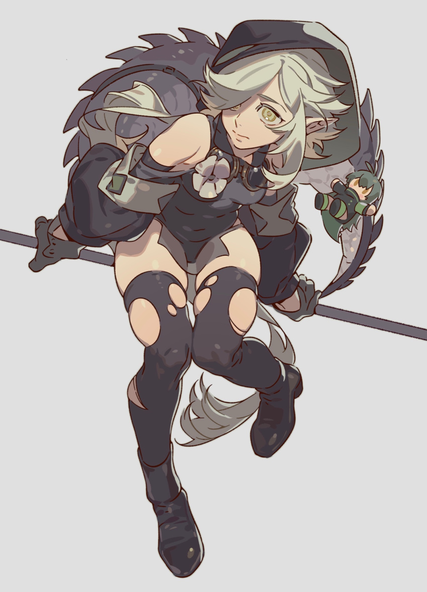 1girl arknights black_footwear black_gloves black_thighhighs closed_mouth crocodilian_tail detached_sleeves full_body gavial_(arknights) gloves goggles goggles_around_neck grey_background grey_flower grey_hair hair_over_one_eye highres hood hood_up long_hair looking_at_viewer mgong520 pointy_ears reptile_girl scales simple_background single_sidelock sitting skindentation sleeveless solo tail tail_strap thighhighs tomimi_(arknights) torn_thighhighs yellow_eyes