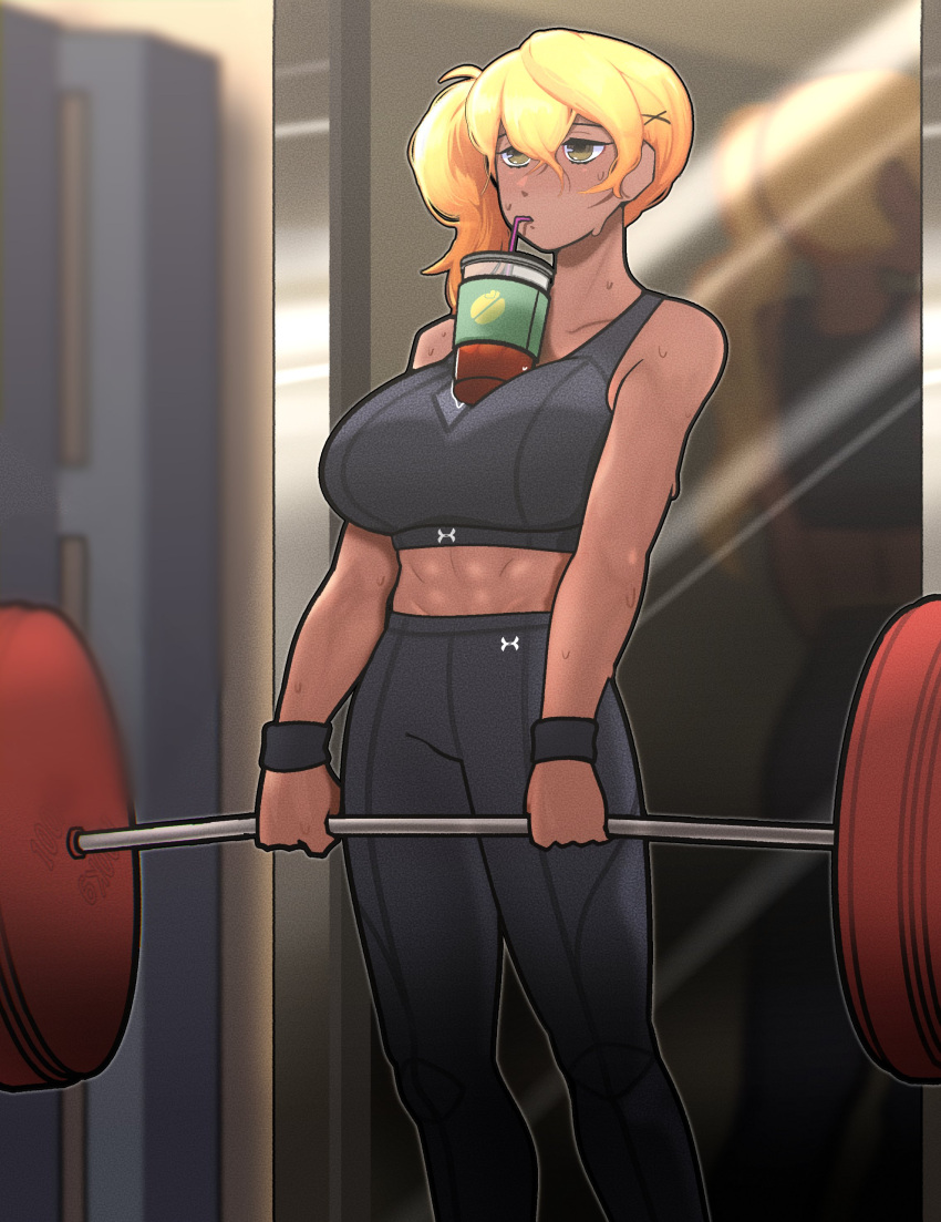 1girl absurdres bangs barbell bare_arms bare_shoulders bendy_straw black_pants blonde_hair breasts brown_eyes commentary commission cup dark-skinned_female dark_skin disposable_cup double_biub drinking_straw exercise eyebrows_hidden_by_hair hair_between_eyes hair_ornament highres indoors large_breasts looking_away mirror object_on_breast original pants reflection side_ponytail solo standing weightlifting x_hair_ornament