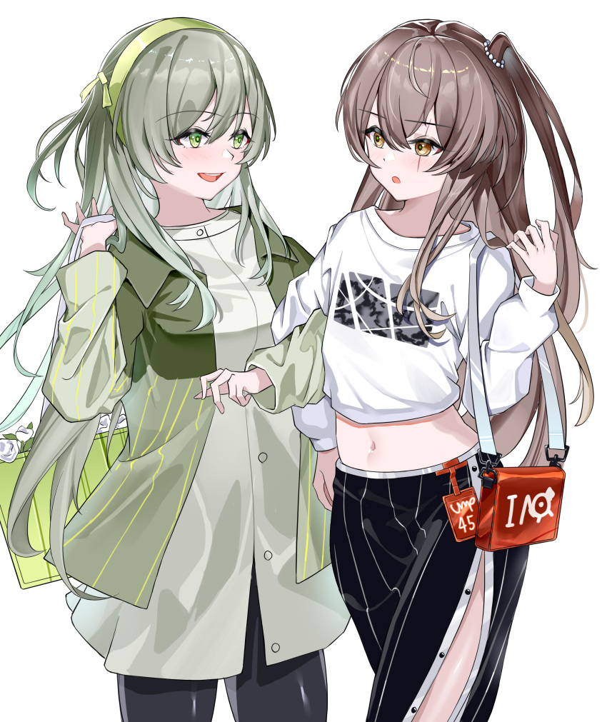 1girl absurdres bag bag_behind_back bangs black_leggings black_skirt blush breasts brown_eyes brown_hair casual chinese_commentary feet_out_of_frame flower girls'_frontline green_bag green_eyes green_hairband grey_hair hairband highres id_card jacket leggings long_hair long_skirt long_sleeves looking_at_another medium_breasts multicolored_clothes multicolored_jacket navel official_alternate_costume one_smoke open_mouth orange_bag print_shirt scar scar_across_eye shirt shoulder_bag side_ponytail skirt small_breasts smile solo standing teeth two-tone_jacket ump40_(girls'_frontline) ump45_(girls'_frontline) upper_teeth white_background white_shirt
