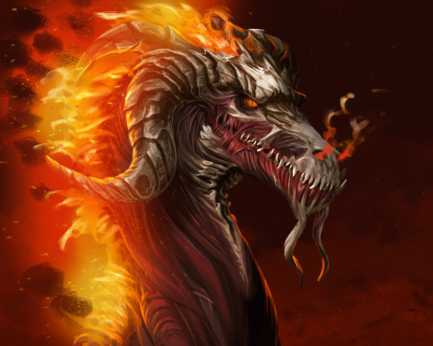 ambiguous_gender athavan attack_on_titan bone colossal_titan dragon exposed_bone exposed_muscle feral fire flaming_body flaming_hair flaming_mane glowing glowing_eyes hi_res horn lizard mergo pseudo_hair pseudo_mane red_background red_eyes reptile scalie simple_background skinless solo