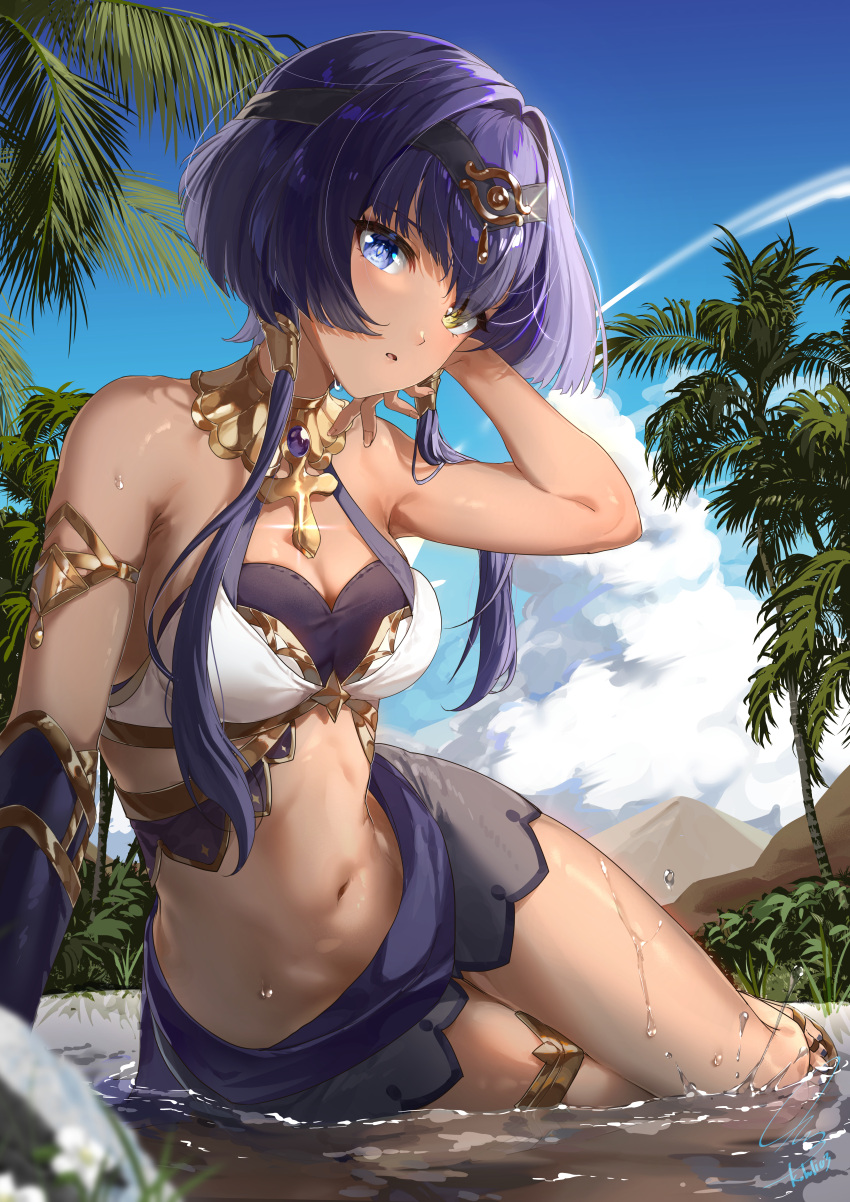 1girl absurdres arm_support arm_up armlet bangs bare_arms bare_shoulders black_hairband blue_eyes blue_sky breasts brooch candace_(genshin_impact) circlet cleavage cloud contrail crop_top dark-skinned_female dark_skin day egyptian_clothes eye_of_horus genshin_impact hair_over_shoulder hairband halterneck hand_in_own_hair heterochromia highres jewelry kkopoli leaning_to_the_side looking_at_viewer medium_breasts navel neck_ring outdoors palm_tree parted_lips purple_hair purple_skirt shallow_water short_hair_with_long_locks sidelocks signature sitting sitting_on_water skirt sky solo stomach thighlet thighs tree twintails water wet yellow_eyes yokozuwari