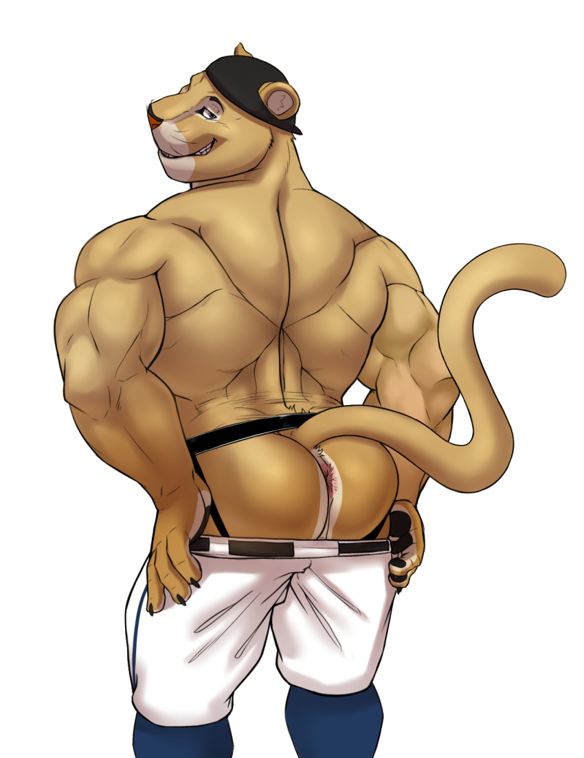 2022 anthro anus back_muscles backwards_baseball_cap backwards_hat barazoku baseball_cap baseball_uniform big_butt big_muscles bottomwear bottomwear_down butt claws clothed clothing cougar felid feline hat headgear headwear hi_res huge_muscles jockstrap male mammal mascot mexican_pacific_league muscular muscular_anthro muscular_male narrowed_eyes pants pants_down partially_clothed pawpads perineum seductive seyrmo smile solo sportswear standing teeth topless topless_anthro topless_male triceps underwear uniform whiskers yaco_puma yaquis_de_obregon