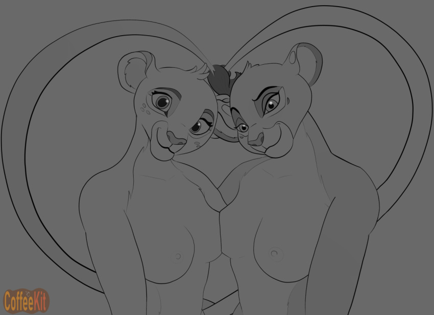 anthro breast_squish breasts coffeekit disney duo eye_glint eyebrows felid female female/female fur gesture holding_another lion looking_at_viewer love mammal monochrome nipples pantherine raised_eyebrow raised_tail small_breasts smile squish tail_gesture tail_heart tails_touching teenager the_lion_guard the_lion_king tiifu young zuri_(tlg)