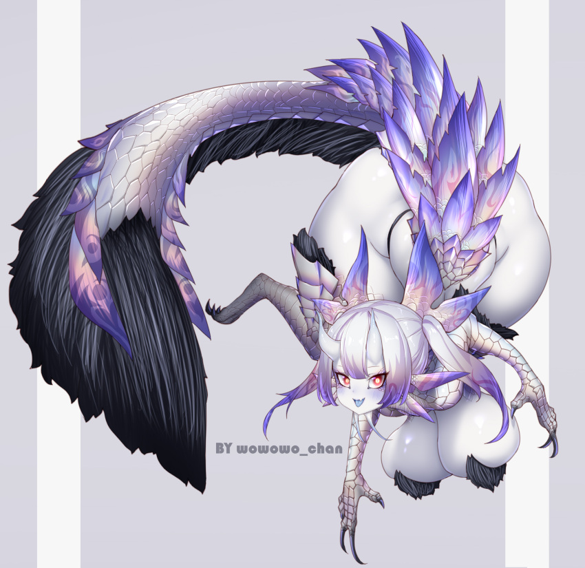 animal_humanoid anthro big_breasts blue_body breasts capcom claws covered_breasts female fur hair hi_res humanoid leviathan_(mh) mizutsune monster_hunter red_eyes scales scalie solo video_games violet_mizutsune white_body white_hair wide_hips wowowo