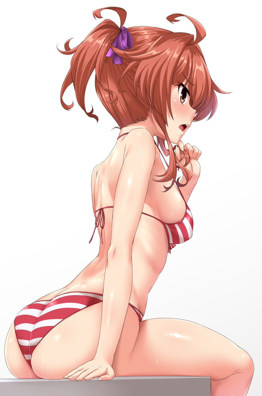 1girl absurdres ahoge arashi_(kancolle) ass bikini blush breasts hair_ribbon highres kantai_collection medium_breasts medium_hair open_mouth ponytail red_hair ribbon sitting solo striped striped_bikini swimsuit thighs wet white_background yellow_eyes yoshi_tama