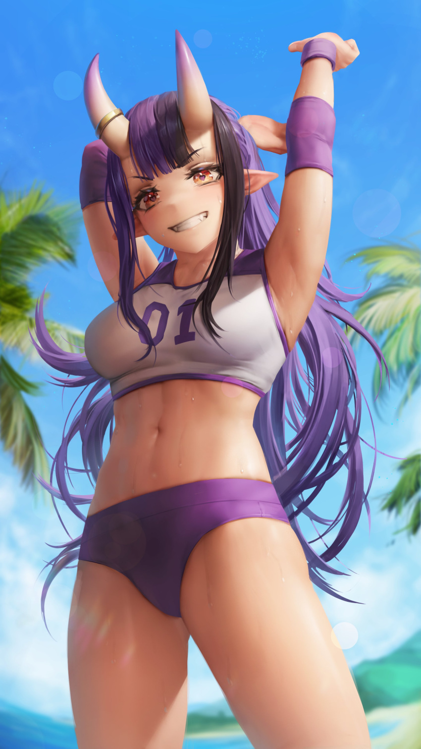 1girl absurdres armpits arms_up bangs beach blue_sky breasts buruma captain_hannah cowboy_shot crop_top elbow_pads fangs from_below grin heart heart-shaped_pupils highres horns indie_virtual_youtuber long_hair looking_at_viewer medium_breasts midriff navel numanoan oni_horns orange_eyes pointy_ears purple_hair sky smile solo sportswear standing stomach stretching sweat symbol-shaped_pupils volleyball_uniform wrist_cuffs