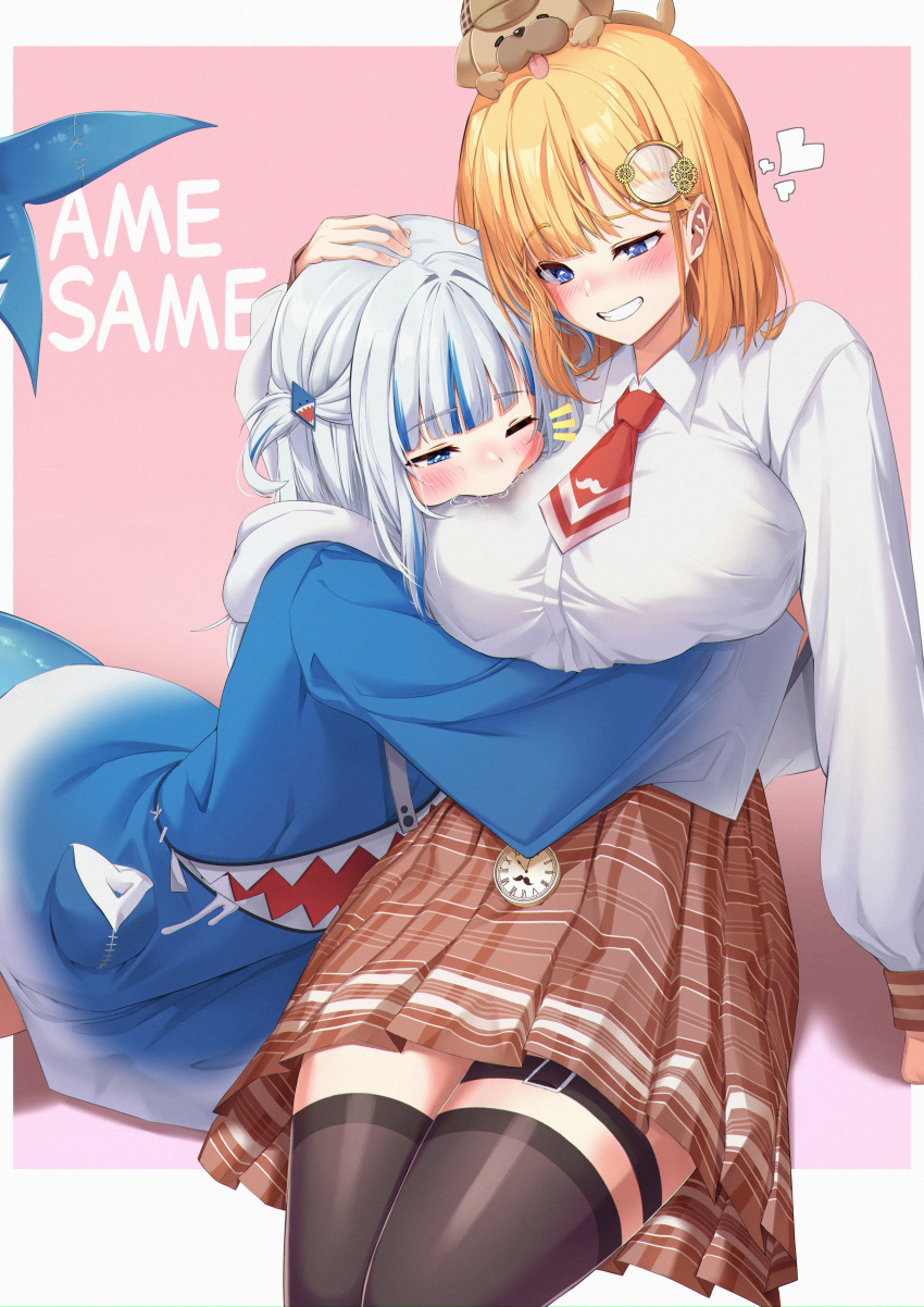 2girls absurdres animal_hood animal_on_head arm_under_breasts bangs biting black_thighhighs blonde_hair blue_eyes blunt_bangs blush breast_biting breasts bright_pupils bubba_(watson_amelia) collared_shirt drooling english_text fish_tail gawr_gura grin hair_ornament hand_on_another's_head heart highres hololive hololive_english hood hoodie hug huge_breasts long_hair long_sleeves looking_at_another medium_hair miniskirt monocle_hair_ornament multicolored_hair multiple_girls necktie on_head oversized_clothes painter_j plaid plaid_skirt pleated_skirt pocket_watch raised_eyebrow saliva shark_hair_ornament shark_hood shark_tail shirt simple_background sitting skirt smile streaked_hair tail thigh_strap thighhighs virtual_youtuber watch watson_amelia white_hair yuri zettai_ryouiki