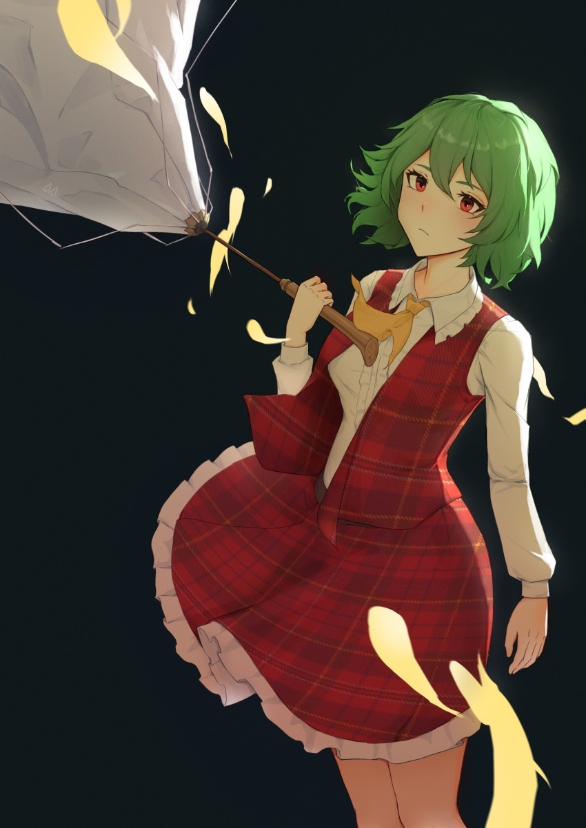 1girl absurdres ascot black_background green_hair highres kazami_yuuka long_sleeves petals plaid plaid_skirt plaid_vest red_eyes red_skirt red_vest shirt short_hair skirt teaapot_(vgu9734) touhou umbrella unmoving_pattern vest white_shirt yellow_ascot