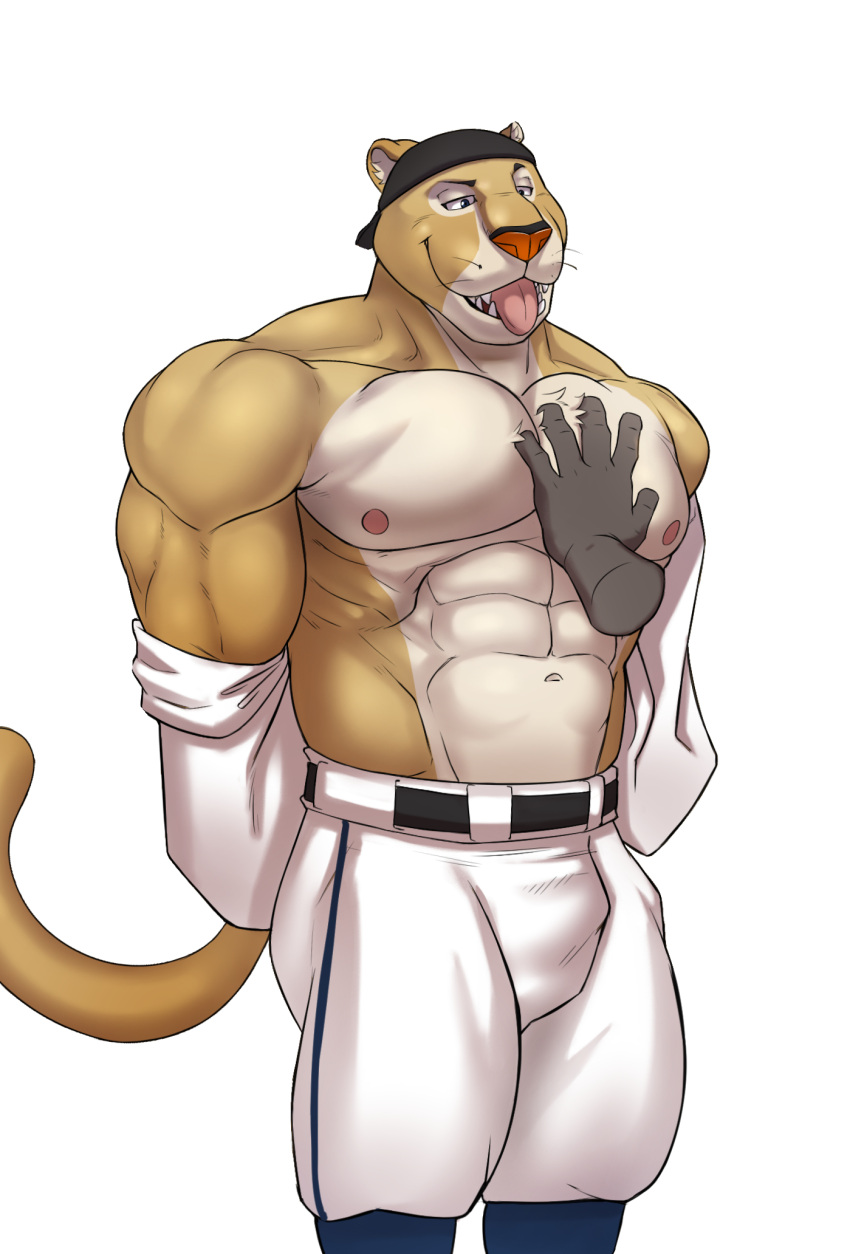2022 abs anthro backwards_baseball_cap backwards_hat barazoku baseball_cap baseball_uniform belt biceps big_muscles big_pecs bottomwear bulge clothed clothing cougar disembodied_hand eyebrows felid feline hand_on_chest hand_on_pecs hat headgear headwear hi_res huge_muscles male mammal mascot mexican_pacific_league muscular muscular_anthro muscular_male navel nipples obliques pants pecs seyrmo smile solo sportswear standing teeth tongue tongue_out topless topless_anthro topless_male uniform whiskers yaco_puma yaquis_de_obregon
