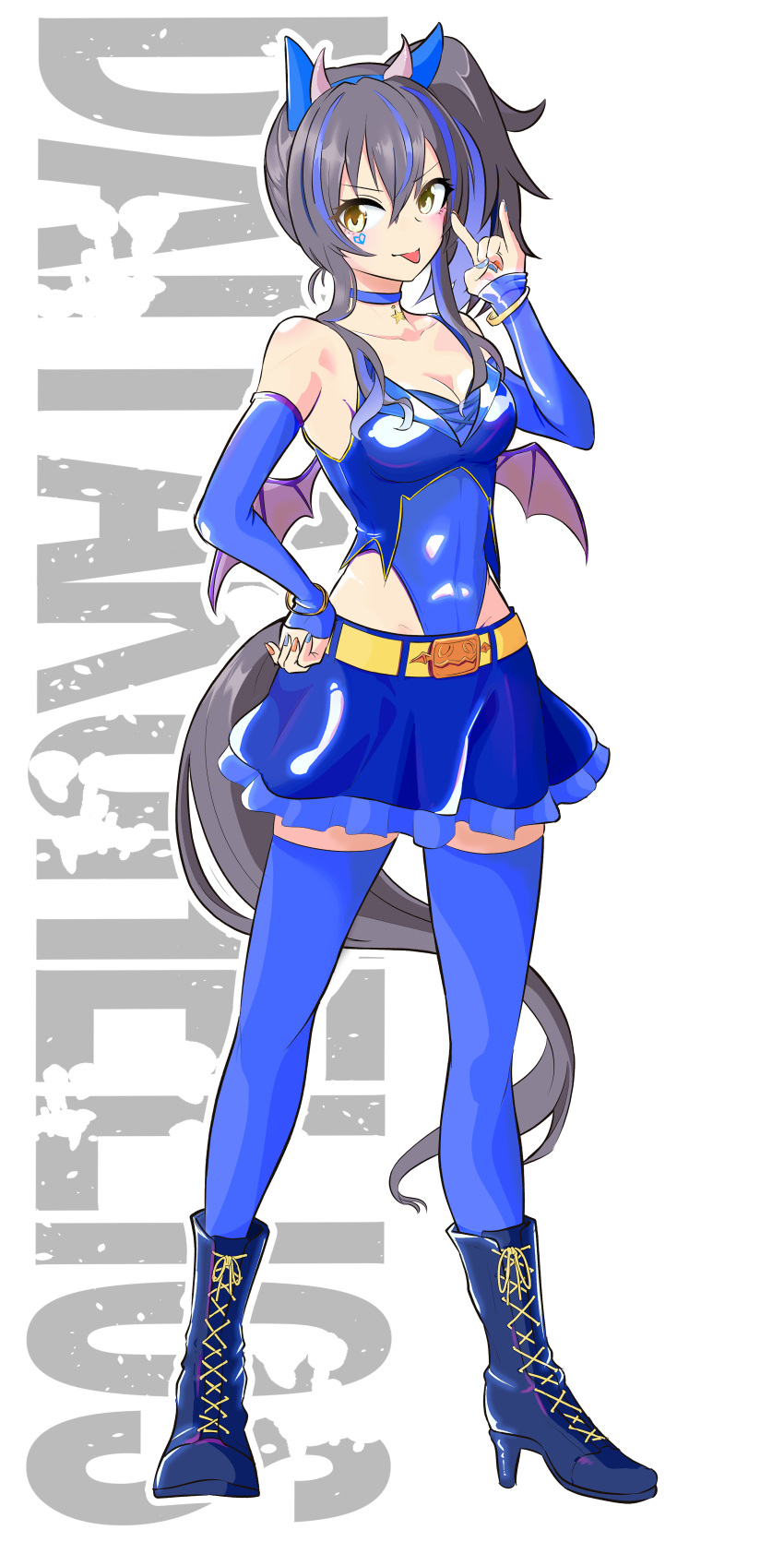 1girl \n/ absurdres animal_ears background_text bangs black_hair blue_choker blue_hair blue_leotard blue_skirt blue_sleeves blue_thighhighs blue_wings boots bracelet breasts character_name choker cleavage closed_mouth commentary_request cross-laced_footwear daitaku_helios_(devil_in_the_moonlight)_(umamusume) daitaku_helios_(umamusume) days_in_a_flash_(umamusume) demon_horns ear_covers facial_mark full_body halloween_costume hand_on_hip high_heel_boots high_heels highleg highleg_leotard highres horns horse_ears horse_girl horse_tail jewelry lace-up_boots leotard looking_at_viewer low_wings medium_breasts medium_hair miniskirt multicolored_hair nail_polish official_alternate_costume partial_commentary side_ponytail skirt sleeveless smile solo standing star_(symbol) star_choker streaked_hair tail thighhighs two-tone_hair umamusume wakkigen white_background wings yellow_belt yellow_eyes