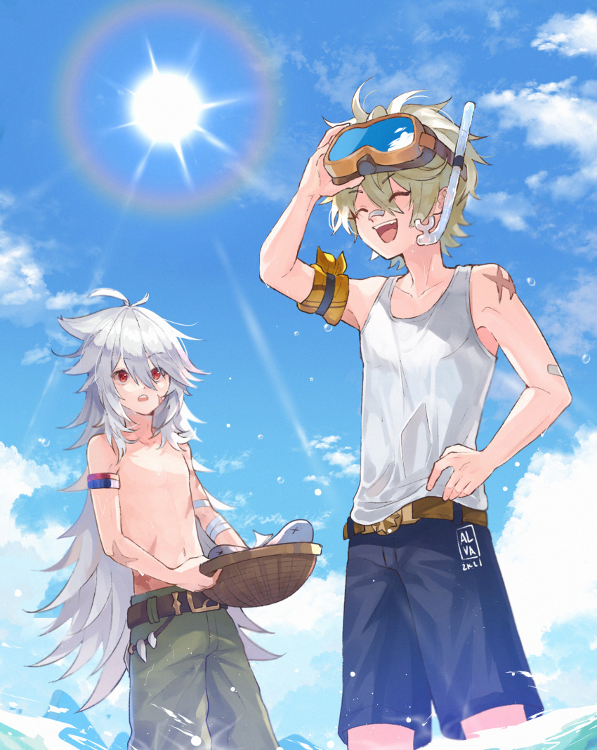 2boys ^_^ alvarichie bandaid bandaid_on_arm bandaid_on_face bandaid_on_nose belt bennett_(genshin_impact) blonde_hair blue_male_swimwear blue_pants bucket closed_eyes fish genshin_impact goggles goggles_on_head green_pants grey_hair hair_between_eyes highres long_hair male_focus male_swimwear multiple_boys navel open_mouth pants razor_(genshin_impact) red_eyes scar scar_on_face scuba_gear short_hair swim_trunks white_hair