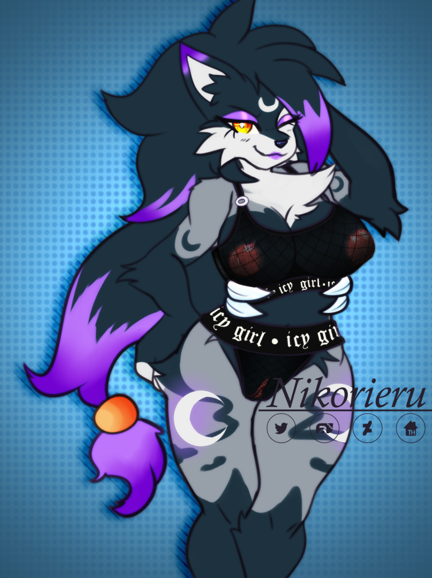 2022 anthro big_breasts breasts clothed clothing digital_media_(artwork) female fishnet fishnet_bottomwear fishnet_clothing fishnet_topwear fur generation_5_pokemon generation_7_pokemon genitals hair hi_res hybrid hybrid_pokemon looking_at_viewer lycanroc nikorieru nintendo nipples one_eye_closed pokemon pokemon_(species) pussy simple_background smile solo topwear translucent translucent_clothing video_games white_body white_fur wink zoroark