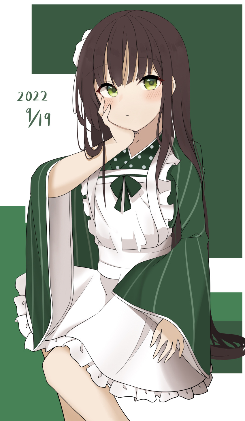 1girl :t absurdres ama_usa_an_uniform apron bangs blush brown_hair closed_mouth commentary_request dated feet_out_of_frame frilled_apron frills gochuumon_wa_usagi_desu_ka? green_background green_eyes green_kimono hand_up highres japanese_clothes k12040707 kimono long_hair long_sleeves looking_at_viewer sleeves_past_wrists solo two-tone_background ujimatsu_chiya uniform very_long_hair waitress white_apron white_background wide_sleeves